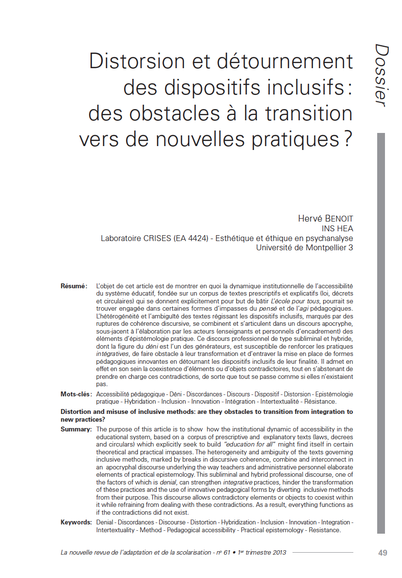 Première page de l'article d'Hervé Benoit publié dans la Nras 61
