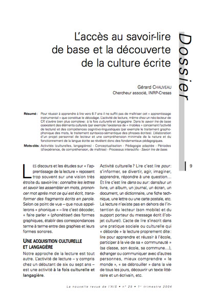 Première page de l'article "L’accès au savoir-lire de base et la découverte de la culture écrite"