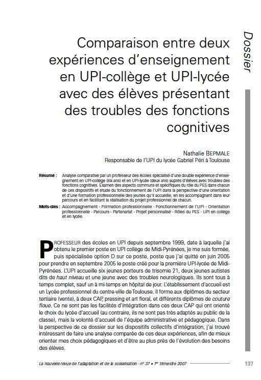Première page de l'article "Comparaison entre deux expériences d’enseignement en UPI-collège et UPI-lycée avec des élèves présentant des troubles des fonctions cognitives"