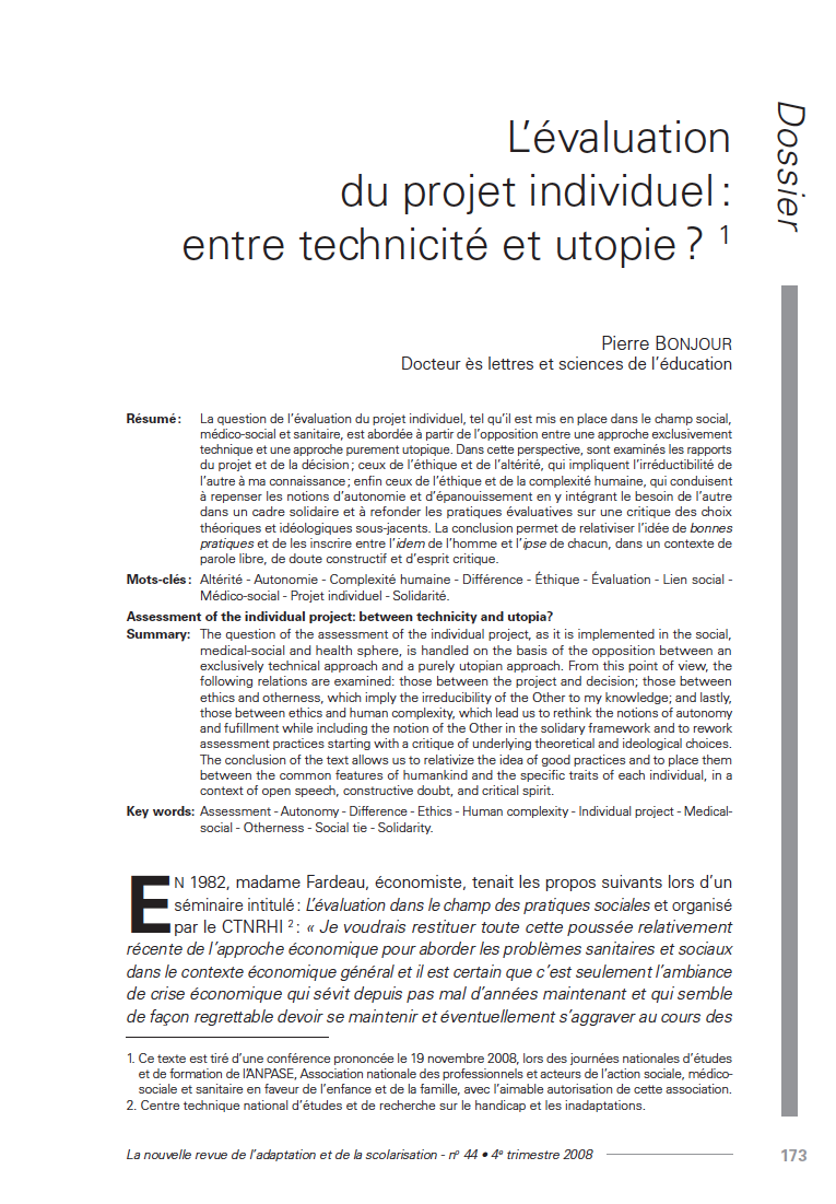Première page de l'article "L’évaluation du projet individuel : entre technicité et utopie ?"