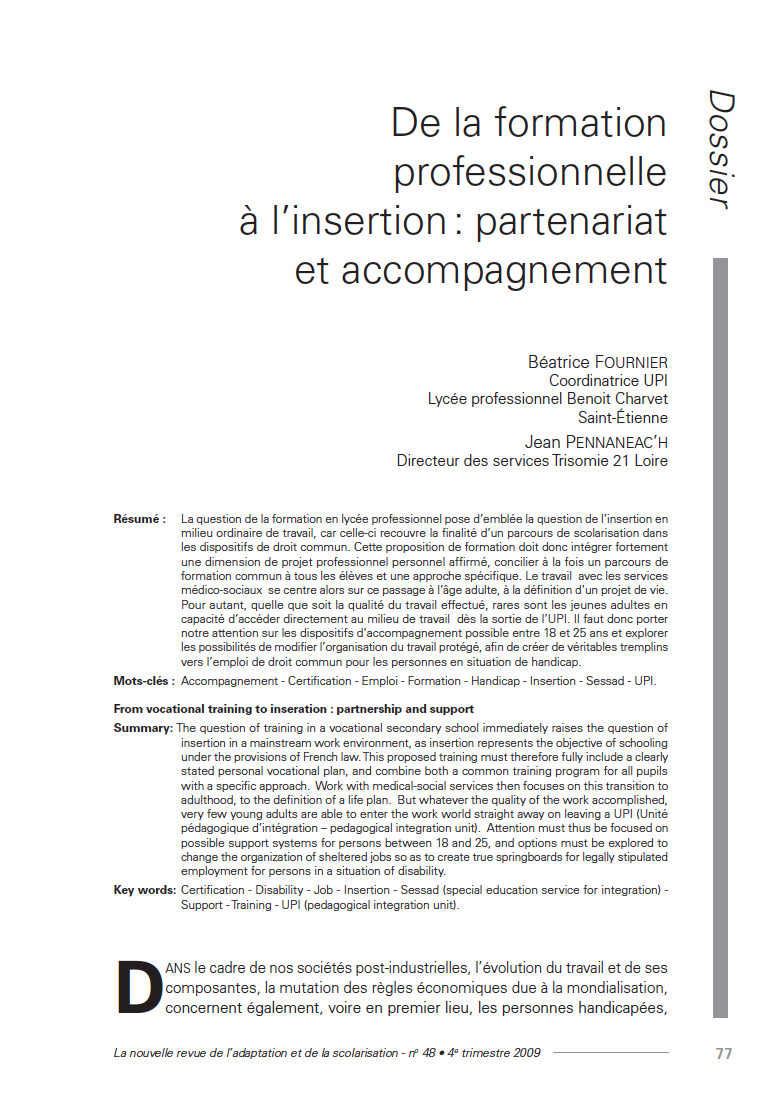 Première page de l'article "De la formation professionnelle à l’insertion : partenariat et accompagnement"