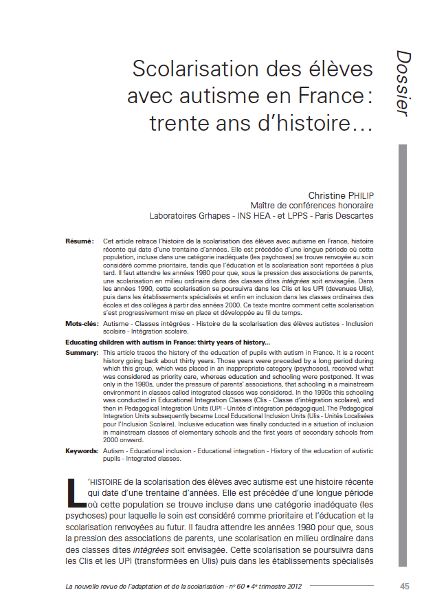 Première page de l'article de Christine Philip (Scolarisation des élèves avec autisme en France : trente ans d’histoire…) publié dans la Nras 60