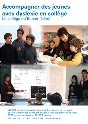 Jaquette du film "Accompagner des jeunes avec dyslexie en collège" illustrée par trois photos d'élèves en classe.