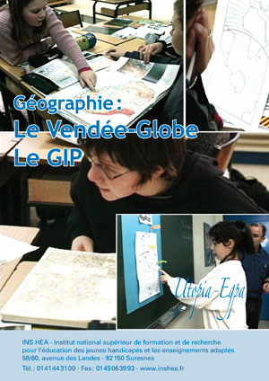 Jaquette du film "Géographie "Le Vendée-Globe - le GIP"" illustrée par quatre photos d'élèves en classe
