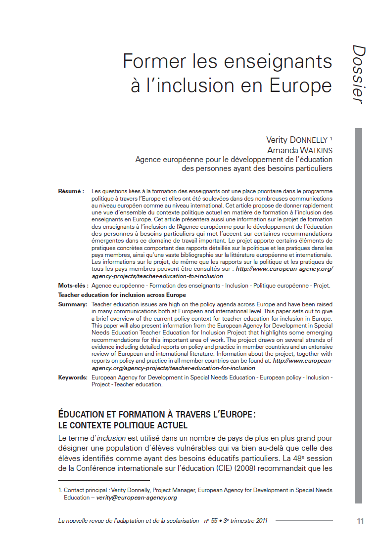 Couverture de l'article de Verity Donnelly, Amanda Watkins : "Former les enseignants à l’inclusion en Europe"